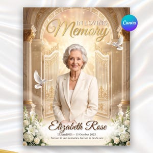 Peut inclure: Une affiche commémorative avec le portrait d'une personne âgée en blazer crème, devant des portes dorées et des colombes blanches. Le texte indique : In Loving Memory, Elizabeth Rose, 15 juin 1965 - 13 octobre 2025, Forever in our memories, forever in God's care.