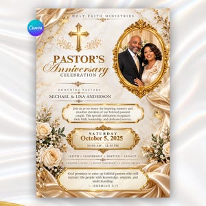 Puede incluir: Un folleto de celebración del aniversario del pastor con una cruz dorada, un retrato de Michael y Lisa Anderson en un marco dorado ornamentado y rosas color crema. El texto incluye detalles del evento para el sábado 5 de octubre de 2025 y Jeremías 3:15.