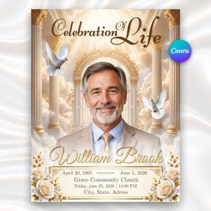 Może przedstawiać: Ulotka pamiątkowa Celebration of Life z portretem mężczyzny w garniturze, w otoczeniu złotych kolumn i łuku. Dwie białe gołębie latają w chmurach. Tekst zawiera imię William Brook, daty oraz szczegóły dotyczące wydarzenia.