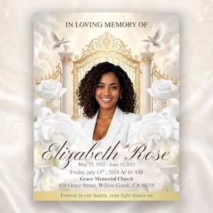 Puede incluir: Un anuncio conmemorativo con un retrato de Elizabeth Rose, rodeado de rosas blancas y palomas. El texto incluye fechas, hora del servicio y ubicación: Grace Memorial Church, Willow Creek, CA.