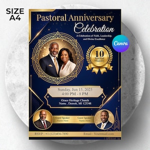 May include: A dark blue and gold A4 flyer for a Pastoral Anniversary Celebration. It features a central photo of a couple, a 10-year ministry emblem, and two smaller circular portraits for guest speakers. Text includes event details and contact info.