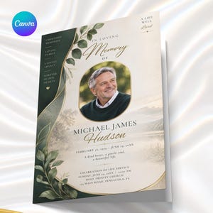 Op de afbeelding: Een uitvaartprogramma met een portret van een glimlachende persoon, donkergroene zijpanelen met gouden accenten en de tekst In Loving Memory of Michael James Hudson, 16 februari 1959 – 19 juni 20XX, en details van de herdenkingsdienst.