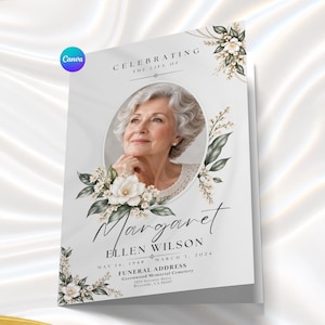 Pode incluir: Um programa funerário com o retrato de uma mulher idosa de cabelos grisalhos dentro de uma moldura oval. O texto diz CELEBRATING THE LIFE OF, Margaret, ELLEN WILSON, MAY 14, 1948 - MARCH 3, 2024, e detalhes do endereço com detalhes florais.