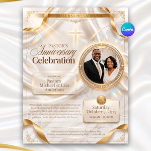 May include: A flyer for a Pastor's Anniversary Celebration at Grace & Glory Cathedral. It features a circular photo of Michael and Lisa Anderson, gold ribbons, a cross, and text detailing the event on Saturday, October 5, 2025, at 10:00 AM.