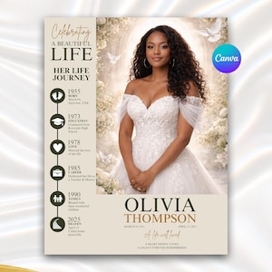 Puede incluir: Una plantilla de programa funerario titulada Celebrating A Beautiful Life con el retrato de una persona con un vestido de encaje blanco con hombros descubiertos. El diseño incluye una línea de tiempo de eventos, el nombre Olivia Thompson y las fechas 10 de marzo de 1955 al 15 de abril de 2025.