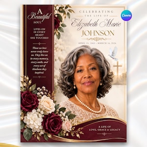 Puede incluir: Una plantilla de programa funerario con el retrato de una persona de cabello gris con un collar de perlas. El diseño incluye rosas rojas oscuras y blancas, una paloma blanca, una cruz y el texto Celebrating the Life of Elizabeth Marie Johnson.