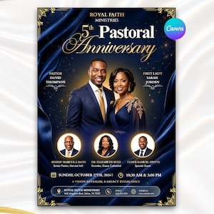 Modelo de Programa para o 5º Aniversário Pastoral | Flyer Editável para Aniversário da Igreja no Canva | Modelo Pastoral A4 | Modelo para Aniversário da Igreja