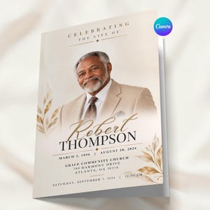 Puede incluir: Un programa funerario con el retrato de un hombre mayor con traje beige. El texto dice: CELEBRATING THE LIFE OF ROBERT THOMPSON, MARCH 3, 1956 - AUGUST 28, 2024, GRACE COMMUNITY CHURCH, 789 HARMONY DRIVE, ATLANTA, GA 30316, SATURDAY, SEPTEMBER 7, 2024, 10:00 AM.