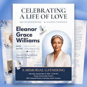 Puede incluir: Un programa de servicio conmemorativo con el texto CELEBRATING A LIFE OF LOVE, A LIFE REMEMBERED, A LEGACY CHERISHED, Eleanor Grace Williams, BORN March 12, 1945, RESTED September 3, 2024, Forever Remembered, Forever Loved, A MEMORIAL GATHERING.