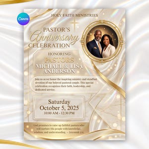 Könnte beinhalten: Ein digitaler Flyer für die Jubiläumsfeier der Pastoren Michael und Lisa Anderson am 5. Oktober 2025. Das Design zeigt eine cremefarbene und goldene Farbpalette mit einem kreisförmigen Fotorahmen, einem Kreuz und Text auf einem satinierten Hintergrund.