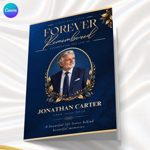 Op de afbeelding: Een uitvaartprogramma met een diepblauwe achtergrond en gouden accenten. Het toont de tekst A LIFE WELL LIVED, FOREVER REMEMBERED, CELEBRATING THE LIFE OF, JONATHAN CARTER 1948-2026 en A beautiful life leaves behind beautiful memories.