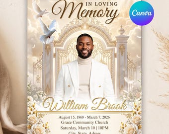 8 Pages White and Gold Funeral Program | Celebration of Life Program, Memorial Booklet, Obituary Template, Bi Fold Funeral template