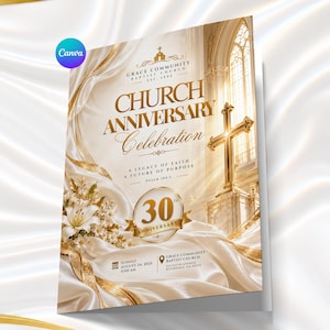 May include: A church anniversary celebration flyer featuring gold text, a 30th anniversary emblem, white lilies, and a cross. The text reads Grace Community Baptist Church, Church Anniversary Celebration, A Legacy of Faith, A Future of Purpose, Psalm 100:5, Sunday August 24, 2025, 11:00 AM, and the church address.