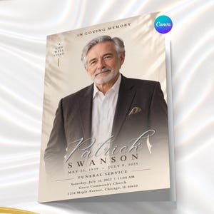 Pode incluir: Um programa funerário com o retrato de um homem mais velho com cabelos grisalhos e barba, vestindo um blazer escuro e camisa branca. O texto diz: In Loving Memory, A Life Well Lived, Patrick Swanson, May 23, 1939 - July 9, 2025, Funeral Service.