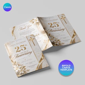 May include: A bifold church anniversary program template featuring gold text and accents on a white background. The design includes a cross, white lilies, and the text Grace Fellowship Baptist Church 25th Church Anniversary Celebration.