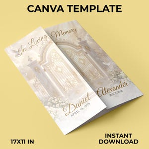 Può includere: Un modello di programma funebre con un design a cancello dorato e bianco, nuvole e colombe. Il testo recita In Loving Memory, Daniel, 15 aprile 1975, Alexander e 7 giugno 2026. Il documento misura 17x11 pollici ed è un download digitale.