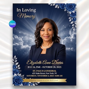 Könnte beinhalten: Eine Trauerprogramm-Vorlage mit dem Porträt einer Person, einem dunkelblauen Hintergrund mit leuchtenden Lichtstrahlen und blauen Rosen. Der Text enthält In Loving Memory, Elizabeth Anne Davies, Daten und St. Paul's Cathedral.