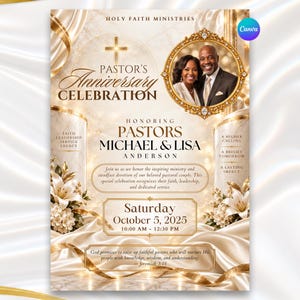 Könnte beinhalten: Ein Flyer für eine Pastor-Jubiläumsfeier mit einem goldgerahmten Foto eines Paares, einem Kreuz und weißen Lilien. Der Text enthält Holy Faith Ministries, Pastors Michael und Lisa Anderson sowie das Datum Samstag, 5. Oktober 2025.