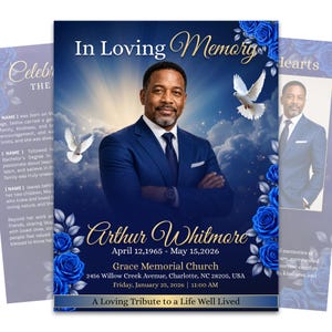 May include: A memorial card with a portrait of a man in a blue suit, set against a blue sky background with white doves and blue roses. The card includes the text "In Loving Memory" and details of Arthur Whitmore's life.