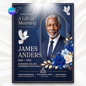 Może przedstawiać: Ulotka z programem pogrzebowym z portretem starszego mężczyzny w garniturze, z tekstem "REMEMBERING A Life of Meaning", "JAMES ANDERS", "1948-2024", "HONORING HIS LIFE CHERISHING HIS LEGACY" oraz szczegółami nabożeństwa w Grace Memorial Chapel.