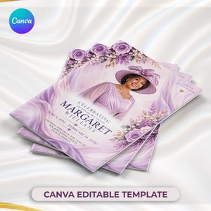 May include: A funeral programme template featuring a portrait of a person in a lavender hat and dress, surrounded by purple roses and floral accents. The text reads Celebrating the Remarkable Life of Margaret Williams, dates, and location details.