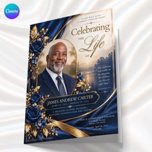 May include: A funeral program featuring a portrait of a man in a suit, navy blue and gold floral accents, and the text Celebrating the Life of James Andrew Carter, June 14, 1952 - March 28, 2024, with a sunset lake background and event details.