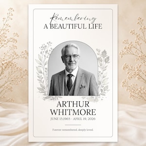 Puede incluir: Una tarjeta conmemorativa con un retrato en blanco y negro de un hombre con traje y corbata, rodeado por una corona floral. El texto dice "Remembering A Beautiful Life" y el nombre "Arthur Whitmore" con sus fechas de nacimiento y defunción.