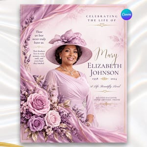 Może przedstawiać: Szablon programu pogrzebowego z portretem osoby w lawendowej sukni i pasującym kapeluszu, otoczony lawendowymi różami. Tekst zawiera: CELEBRATING THE LIFE OF MARY ELIZABETH JOHNSON 1958-2024, A Life Beautifully Lived, oraz cytaty.