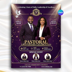 Purple Church Anniversary Program Template Canva | Editable Pastor Anniversary Booklet | 4 Page Church Program | Ministry Celebration