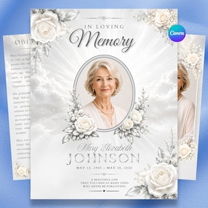 May include: A funeral program template featuring the text In Loving Memory, a central oval portrait of a woman, and white roses. The design includes the name Mary Elizabeth Johnson, dates May 12, 1945 - May 28, 2024, and a tribute quote.