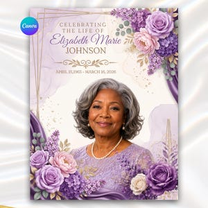 May include: A funeral program template featuring a portrait of a woman with gray hair wearing a pearl necklace. The design includes purple and pink floral arrangements, gold geometric lines, and the text CELEBRATING THE LIFE OF ELIZABETH MARIE JOHNSON.