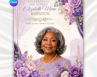 Lavender Purple Funeral Program Template | Editable Canva Funeral Program | 8 Pages | 17x11 Folded to 8.5x11 | Lavender Funeral Canva