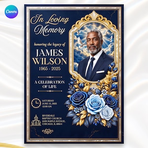 May include: A funeral programme template featuring a dark blue background with gold accents. It displays the text In Loving Memory, James Wilson, 1965-2025, and A Celebration of Life. A portrait of a man is framed in gold, surrounded by blue roses.