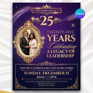Op de afbeelding: Een paarse evenementflyer met de titel Kingdom Legacy 25 Years Celebrating a Legacy of Leadership. Het bevat een gouden, sierlijke ovale lijst met een foto van een man in een pak en een vrouw in een witte jurk, met evenementdetails voor 15 december.