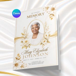 May include: A funeral programme card featuring a portrait of an older person in an oval frame, surrounded by gold and white floral illustrations. Text reads: In Loving Memory of Mary Elizabeth Johnson, May 12, 1945 - April 20, 2024.