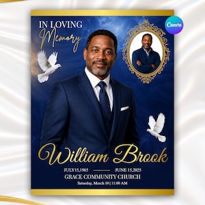 Könnte beinhalten: Eine Trauerprogramm-Vorlage mit tiefblauem Hintergrund und goldenen Akzenten. Sie zeigt den Text In Loving Memory, den Namen William Brook, Daten und Kircheninformationen. Ein Porträt eines Mannes im Anzug ist mit zwei weißen Tauben abgebildet.