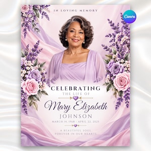 May include: A memorial funeral program featuring a portrait of a woman in a lavender dress, surrounded by purple and pink floral arrangements of roses and lavender. Text reads: IN LOVING MEMORY, CELEBRATING THE LIFE OF Mary Elizabeth JOHNSON.