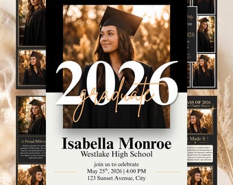 Può includere: Annuncio di laurea con la foto di una giovane donna con cappello e toga. Il design include l'anno 2026, la parola "graduate", il nome della laureata, la scuola e i dettagli della celebrazione. Sono incluse foto aggiuntive.