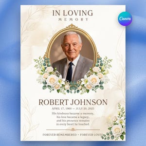 May include: A memorial funeral programme template featuring a portrait of an older man in a suit within a gold oval frame. The design includes white roses, green foliage, and the text: IN LOVING MEMORY, ROBERT JOHNSON, APRIL 17, 1960 – JULY 20, 2025.