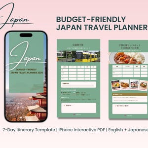 Peut inclure: Un planificateur de voyage numérique pour le Japon, avec une maquette de téléphone affichant le mot "Japan" en écriture manuscrite. Le planificateur comprend des modèles de budgétisation et de planification d'itinéraire, avec du texte en anglais et en japonais.