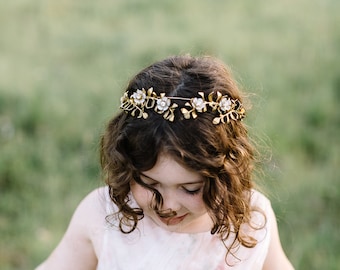 Flower Girl Headband | Flower Girl Crown | Flower girl Halo | Girls Headband | Wedding Flower Crown | Gold Leaf Headband | Wedding Headband