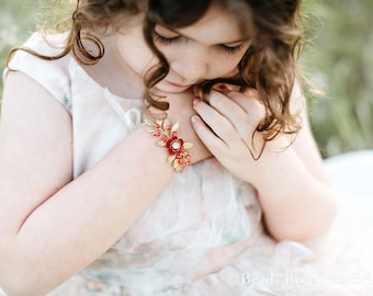 Gold Leaf Bracelet, Gold Flower Girl Bracelet, Gold Leaf and Red Flower Girl Bracelet, Flower Girl Jewelry Bracelet, Pearl Bracelet