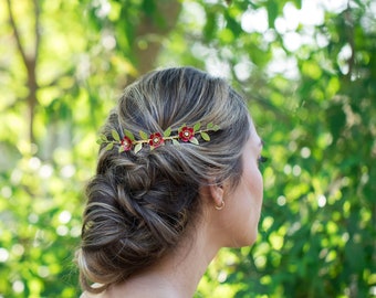 Hand Painted Flower and Leaf Hair Comb, Rustic Wedding Hair Comb, Woodland Wedding Headpiece, Red Flower Bridal Hair Comb,