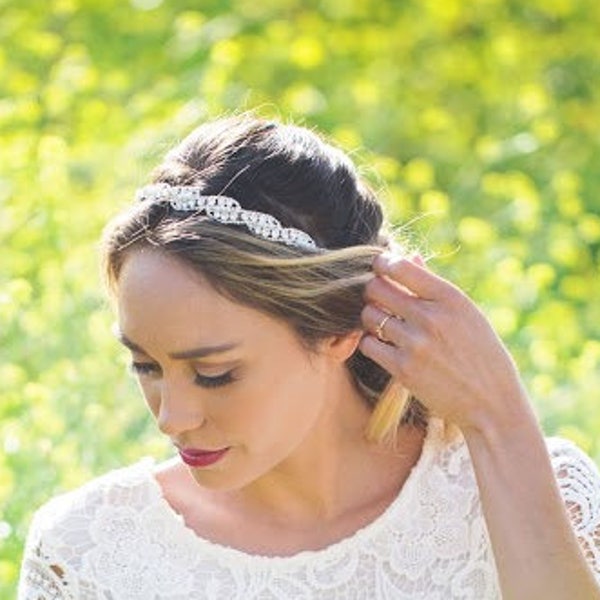 Pearl and Rhinestone Headband, Silver Wedding Headband, Pearl Crystal Bridal Headband, Wedding Headpiece, Wreaths, Rose Gold pearl Headband