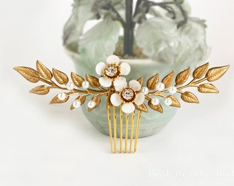 Bridal Hair Comb in Gold Leaf and Flower | Golden Leaves Flower Pearl Hair Comb | Bridal Headpiece Gold Leaf |  Greek Wedding Hair Comb