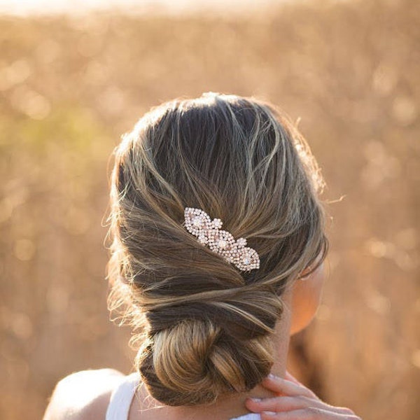 Rose Gold Crystal Bridal Hair Comb, Rose Gold Wedding Hair Comb, Crystal Rhinestone Rose Gold Hair Comb, Crystal Pearl Hair Accessory