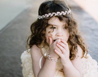 Pearl Flower Girl Headband, Leaf Pearl Wedding Headband,Rhinestone Flower Girl Headpiece, Rose Gold Flower Girl Halo,Girl Rose Gold Headband