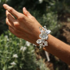 Rose Bracelet, Flower Wedding Cuff, Bridal Bracelet, Silver Bridal Bracelet Cuff, Leaf Bracelet, Wild Rose Bracelet, Woodland Bracelet