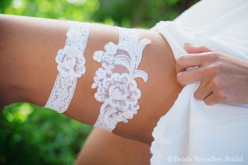 White Lace Wedding Garter, Beaded Flower Bridal Garter, White Wedding Garter Set, Floral Lace Garter set, Woodland Wedding Garter Set image 4