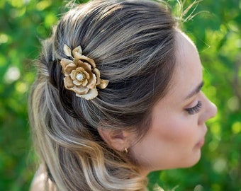 Gold Rose Hair Comb I Decorative Hair Comb | Gold Flower Bridal Hair Comb | Rosette Headpiece | Bridal Headpiece | Rustic Wedding Hair Comb